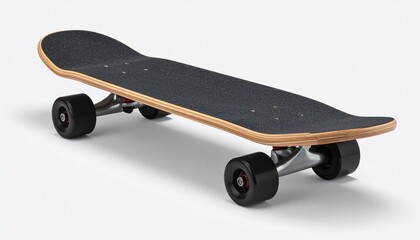 Wooden skateboard with black grip tape, metal trucks, and red-bearing wheels.