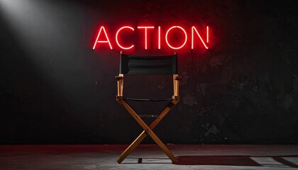 Director&rsquo;s chair under red neon &ldquo;ACTION&rdquo; sign in dark cinematic setting.