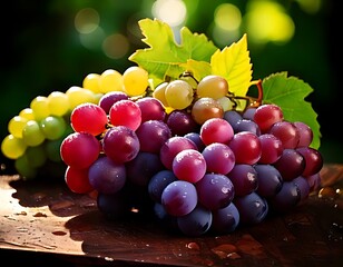 Still life with grapes, green leaves, red and white grapes