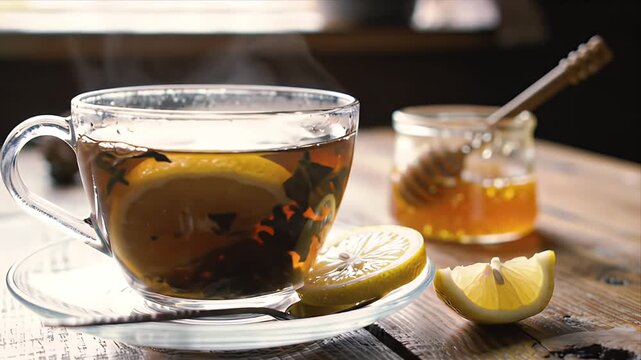 Steaming Hot Black Tea with Fresh Lemon Slices and Golden Honey Jar on a Rustic Wooden Table A comforting and healthy beverage for wellness and relaxation