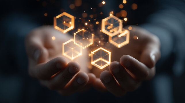 Illuminated hexagons floating above open hands against a dark blurred background with bokeh lights