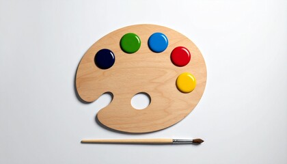 Artist palette with five paint colors and a brush on neutral background.