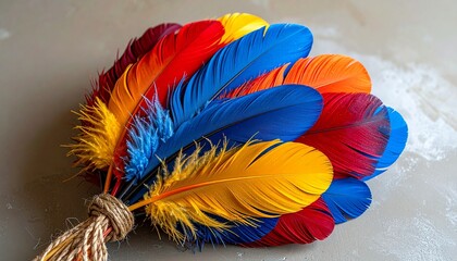 Colorful feathers fanned and tied with twine on light background.