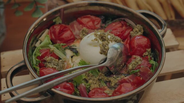 Fresh burrata cheese salad with roasted cherry tomatoes, pesto, and greens served in rustic bowl