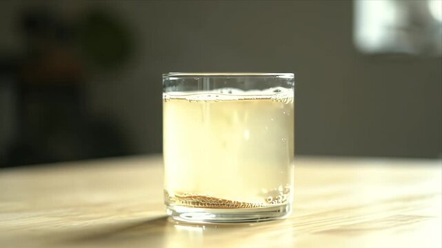 Close-up of an effervescent tablet dissolving in a clear glass of water on a light wooden table creating bubbles and a cloudy yellowish liquid for a refreshing 