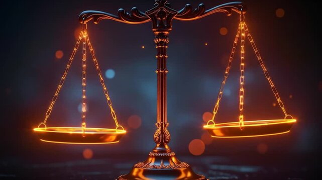 Symbol of Justice Scales Glowing in a Dark Background with Bokeh Effect