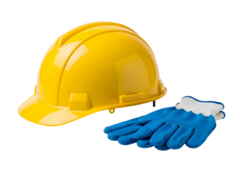 Yellow safety hard hat and blue work gloves, essential construction PPE, isolated.