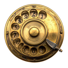 Close-up of a vintage brass rotary phone dial with numbers and finger stop