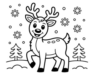 A cute cartoon reindeer surrounded by snow, trees, and snowflakes, Christmas coloring page for kids’ holiday fun