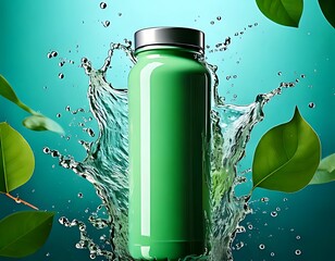 Mockup of a Green Eco Bottle  Water Splashes on Light and New Green Leaves All Around