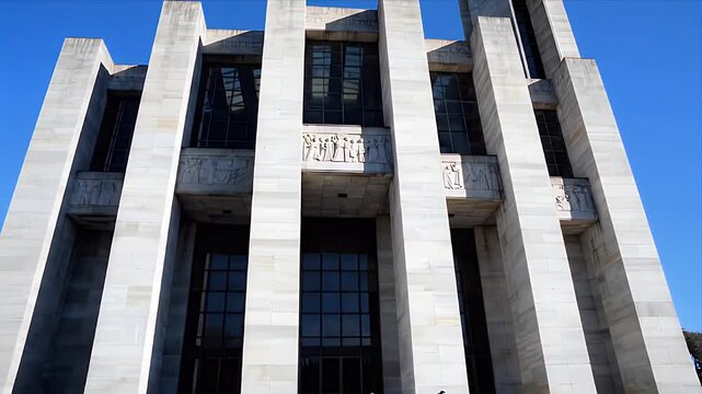 Grand Art Deco Stone Building Facade Featuring Majestic White Pillars Sculptural Reliefs and Tall Dark Windows Against a Clear Blue Sky