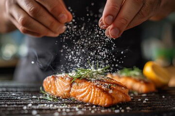 Chef’s hands sprinkle sea salt over grilled salmon fillets garnished with rosemary, creating a flavorful and visually appealing culinary moment with warm lighting.
