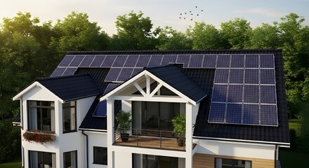 Modern residential house with photovoltaic solar panels installed on the roof for sustainable energy.