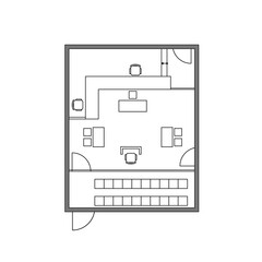 Architectural plan illustration of a small courtroom layout of 60 square meters trial area.  Place for judge, defense, prosecution and spectators.  Law justice, public process. Monochrome image.