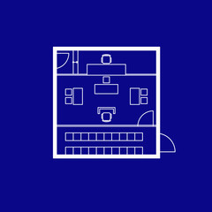 Architectural plan illustration of a small courtroom layout of 48 square meters trial area.  Place for judge, defense, prosecution and spectators.  Law justice, public process. Image in blueprint styl