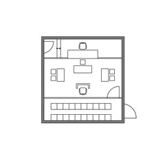 Architectural plan illustration of a small courtroom layout of 48 square meters trial area.  Place for judge, defense, prosecution and spectators.  Law justice, public process. Monochrome image.
