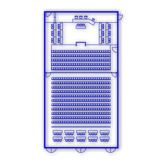 Architectural plan illustration of a massive courtroom layout of 500 m² trial area. Place for judge, defense, prosecution and spectators. Law justice, public process. Blue lines on white background