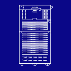 Architectural plan illustration of a massive courtroom layout of 500 m² trial area. Place for judge, defense, prosecution and spectators. Law justice, public process. Image in blueprint style.