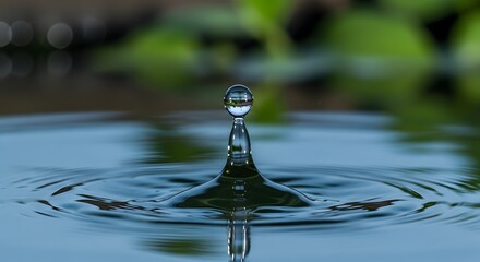 Water droplet captured mid-impact, creating ripples on a tranquil water surface