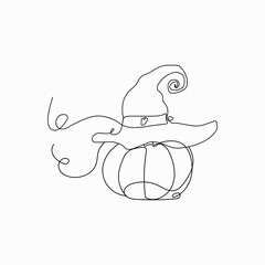 Line art of a pumpkin wearing a Halloween hat. Celebrates the autumn holiday. Black and white vector illustration. Suitable for illustrations, comics, characters, and design.