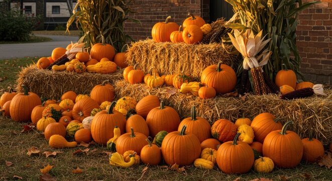 A rustic outdoor autumn harvest display featuring a variety of gourds, pumpkins of different sizes and colors, bales of hay, decorative corn stalks, and scattered dried leaves, bathed in warm, golden - Powered by Adobe
