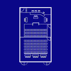 Architectural plan illustration of a large courtroom layout of 200 square meters trial area. Place for judge, defense, prosecution and spectators. Law justice, public process. Image in blueprint style