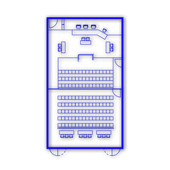 Architectural plan illustration of a large courtroom layout of 200 m² trial area. Place for judge, defense, prosecution and spectators. Law justice, public process. Blue lines on white background.