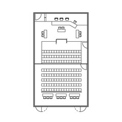 Architectural plan illustration of a large courtroom layout of 200 square meters trial area.  Place for judge, defense, prosecution and spectators.  Law justice, public process. Monochrome image.