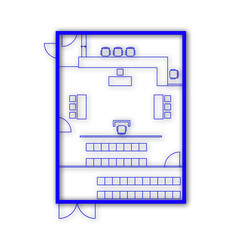 Architectural plan illustration of a courtroom layout of 100 m² trial area. Place for judge, defense, prosecution and spectators. Law justice, public process. Blue lines on white background.