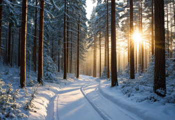 Snow-covered forest road at sunrise, with light filtering through the pine trees