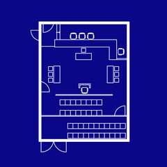 Architectural plan illustration of a courtroom layout of 100 square meters trial area.  Place for judge, defense, prosecution and spectators.  Law justice, public process. Image in blueprint style. 