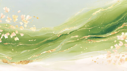 煌めく金と流れる緑の抽象的なアルコールインクアート