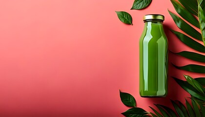 fresh green leaves, green liquid, and a light pink background in a green glass bottle