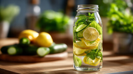 Detox water with lemon, cucumber and mint leaves in glass bottle on kitchen counter, fresh morning light, detox water, infused water, lemon, cucumber, mint, healthy drink, hydratio