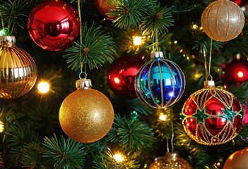 Vintage Christmas balls reflecting the colorful lights of the tree