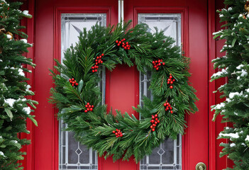 Festive wreath made of pine, holly, and berries hanging on a classic red front door covered in snow
