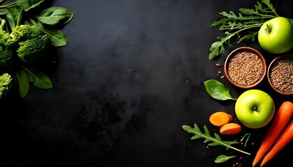bowls of seeds, fresh apples, carrots, green leafy vegetables, and a dark background