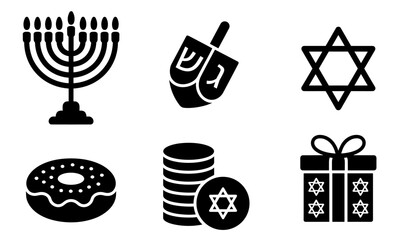 Hanukkah vector icons including menorah, dreidel with Hebrew letters, Star of David, jelly doughnut, gelt coins, and gift box, set for holiday and Jewish festival designs