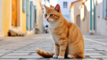 Serene Ginger Cat Sitting on Cobblestone Street in a Mediterranean Town. Ai Generated Images