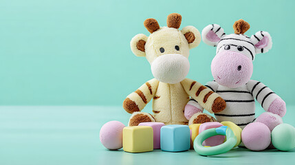 Soft Adorable Stuffed Giraffe and Zebra Toy with Pastel Accessories Still Life. Ai Generated Images
