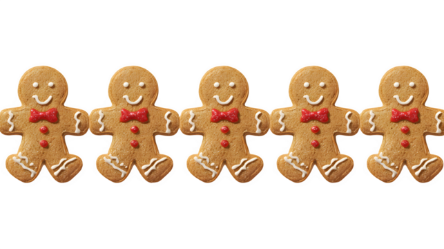 A horizontal border of gingerbread men cookies, each holding hands and wearing a tiny red bow tie. Playful and charming vector illustration, isolated on white background. - Powered by Adobe