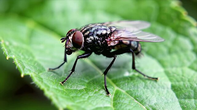 Detailed Macro Close-up of a Common Fly Perched on a Lush Green Leaf Showcasing its Intricate Body and Large Compound Eyes in Natural Light