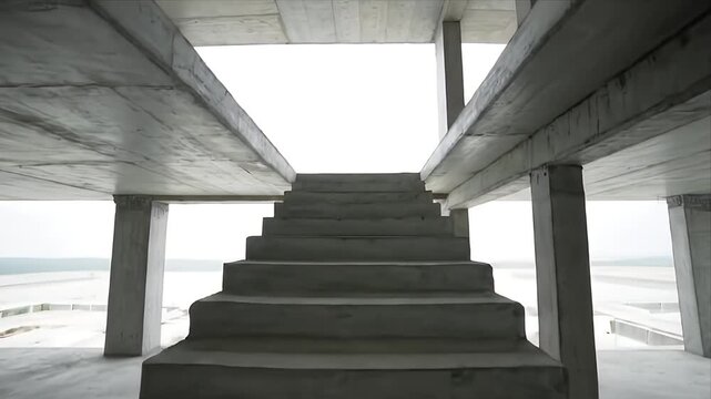 Ascending concrete staircase in a vast unfinished building showcasing stark modern architecture raw industrial design and bright natural light through open space