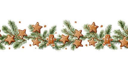 A horizontal border of vector Christmas branches, decorated with tiny gingerbread men and star cookies. Charming and decorative graphic, EPS 10 style, isolated on white background.
