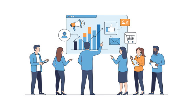 A diverse business team collaborates on digital marketing strategy, analyzing data and optimizing online campaigns for growth and success. - Powered by Adobe