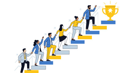 A diverse team of business professionals collaborates, ascending a staircase together towards a golden trophy, symbolizing collective success and ambitious goals.