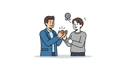 Two smiling men celebrate a successful achievement with enthusiastic applause and positive recognition in a modern flat vector illustration.