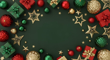 Bright and Joyful Christmas Composition with Gifts and Ornaments on Green Background