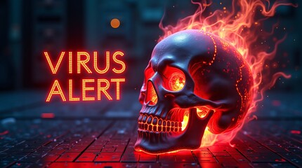 A glowing skull surrounded by fiery effects, symbolizing danger and alertness with the text 'VIRUS ALERT' in bold neon.