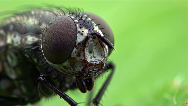 Captivating extreme macro close-up of a common house flys head highlighting its intricate compound eyes detailed mouthparts and hairy exoskeleton against
